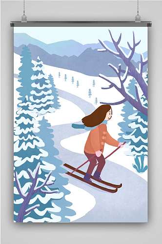 创意卡通冬季女孩滑雪插画海报