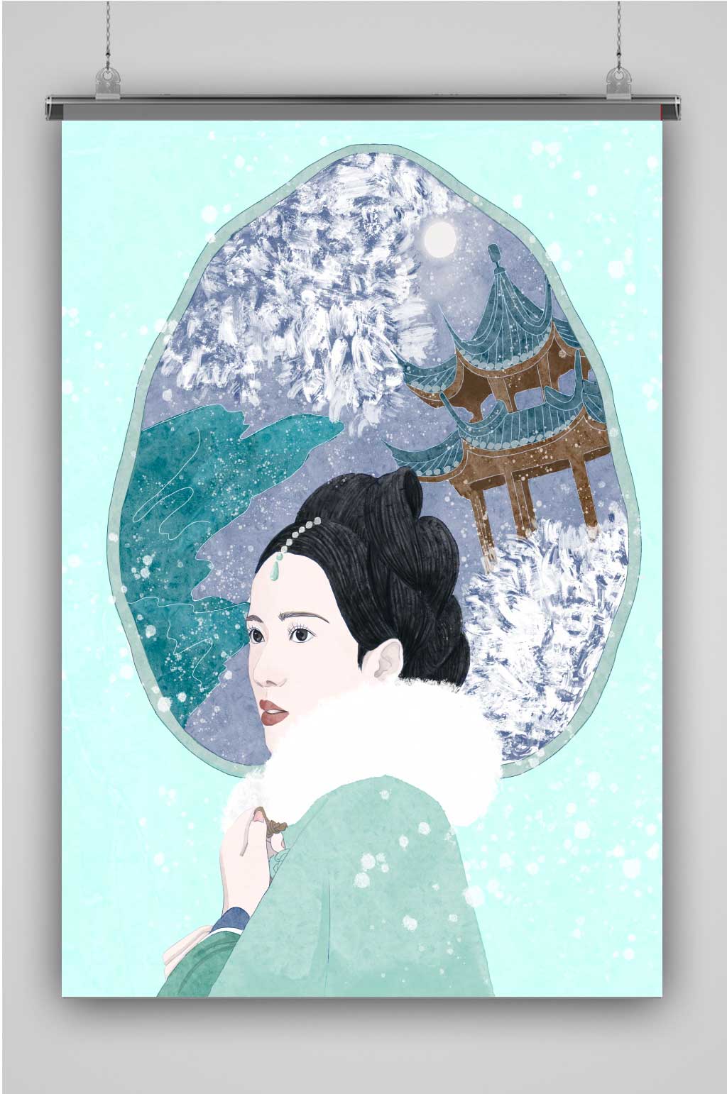 优美古风人物结合风景冬季插画素材