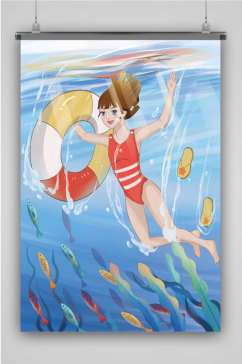创意蓝色女孩游泳插画海报