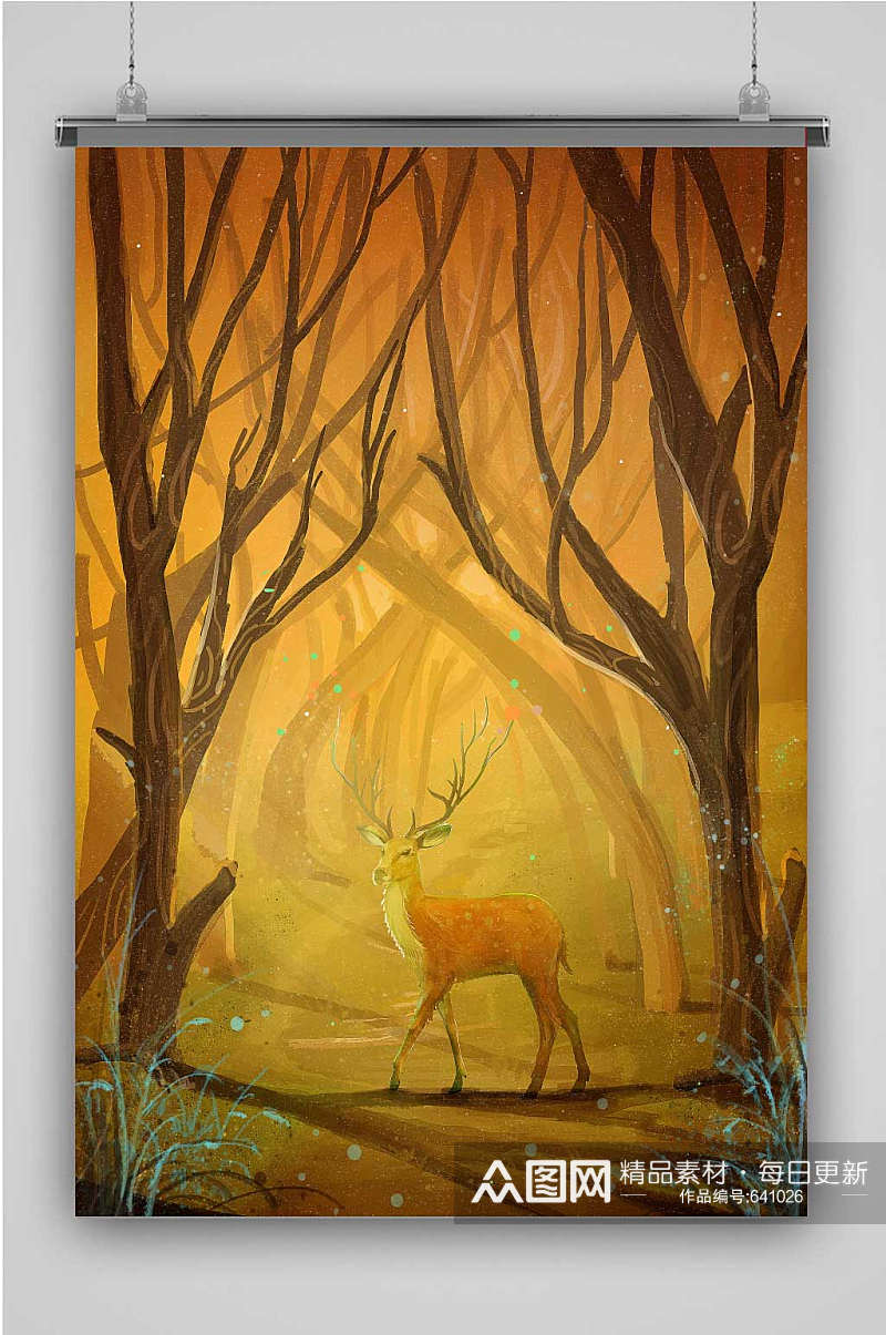 创意卡通治愈系森林与鹿插画海报素材