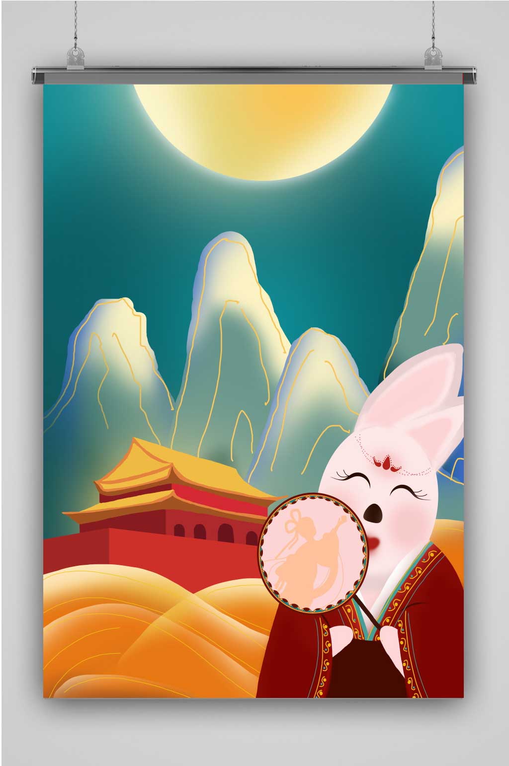 创意卡通中秋遇国庆插画海报素材