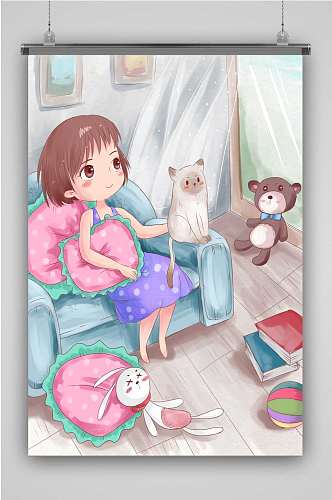 创意卡通人物女生房间插画海报