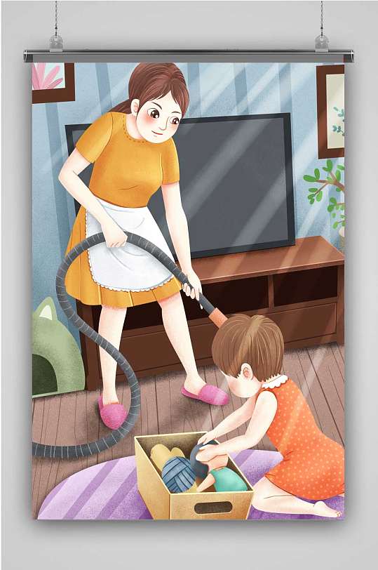 居家生活大扫除妈妈拖地女儿收玩具