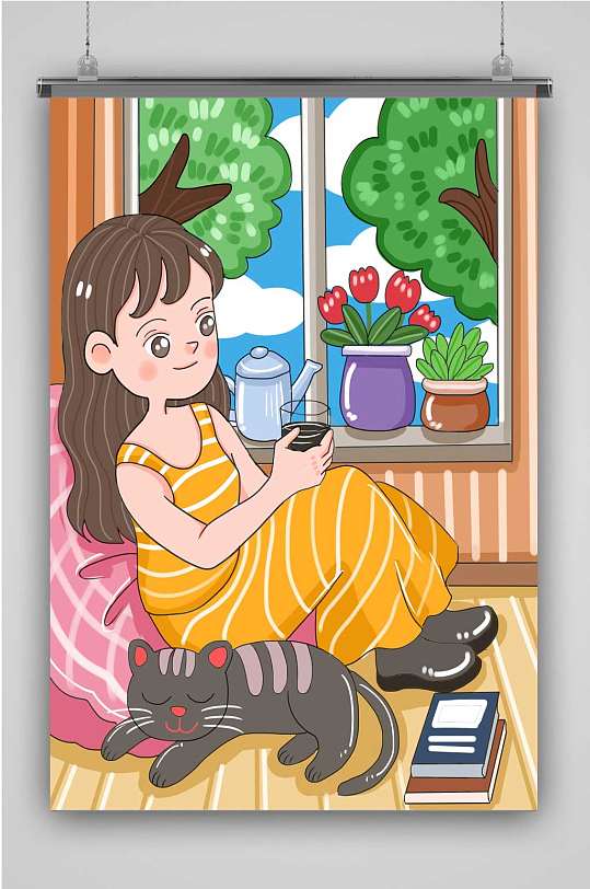 创意卡通居家生活望着窗外女孩插画海报