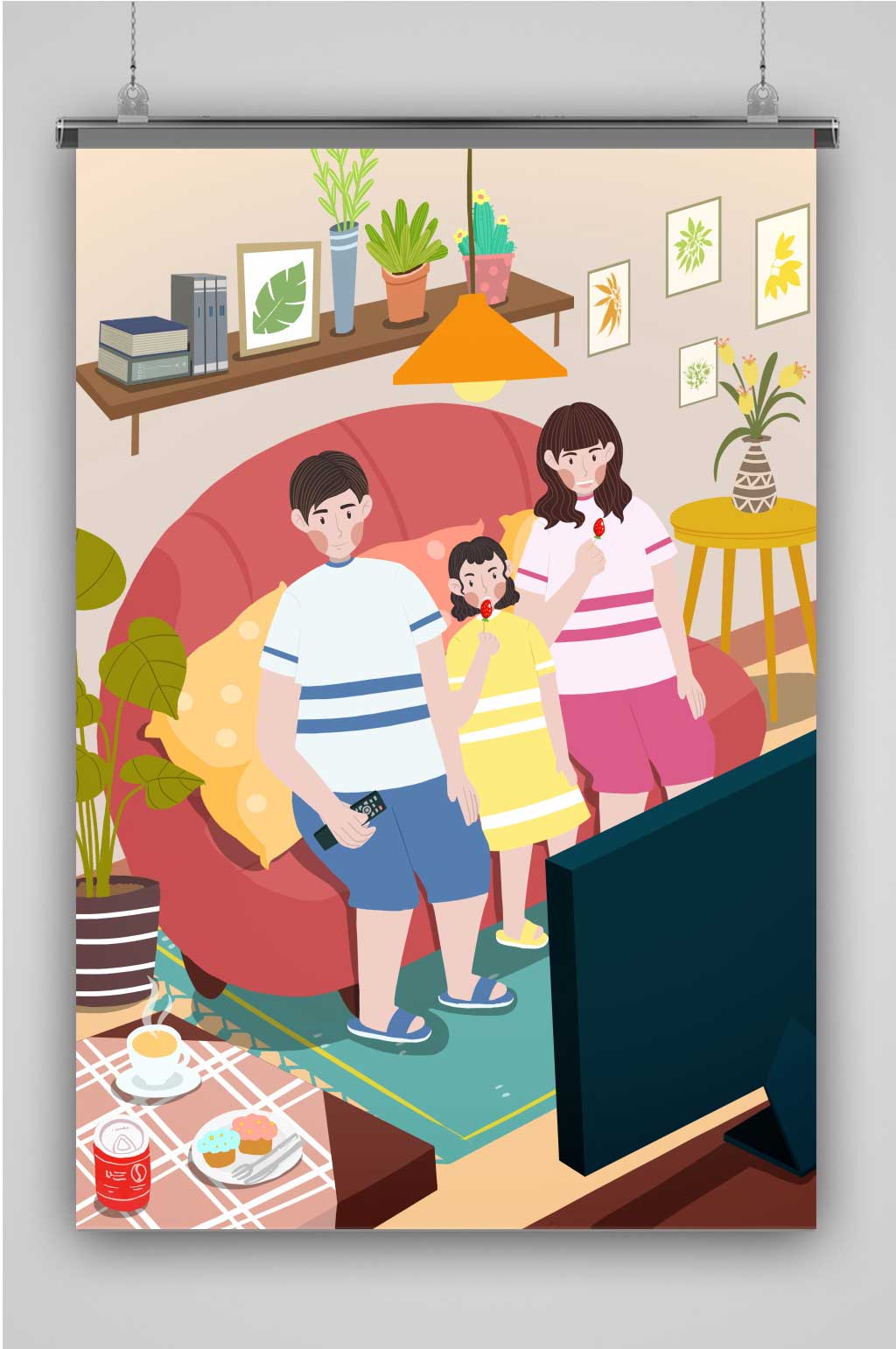 创意卡通人物看电视插画海报素材