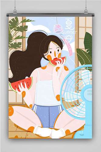 创意卡通女生吃西瓜插画海报