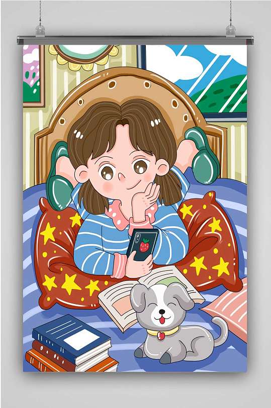 创意卡通女生玩手机插画海报-众图网