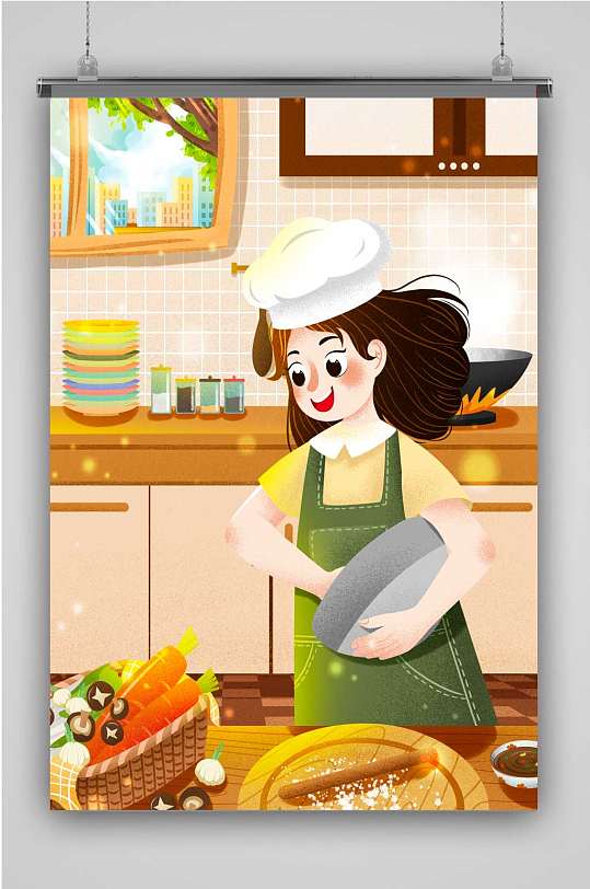 清新居家生活厨房做饭女孩插画