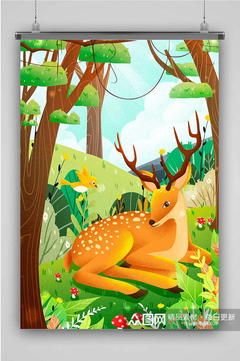 清新治愈森林与鹿插画素材