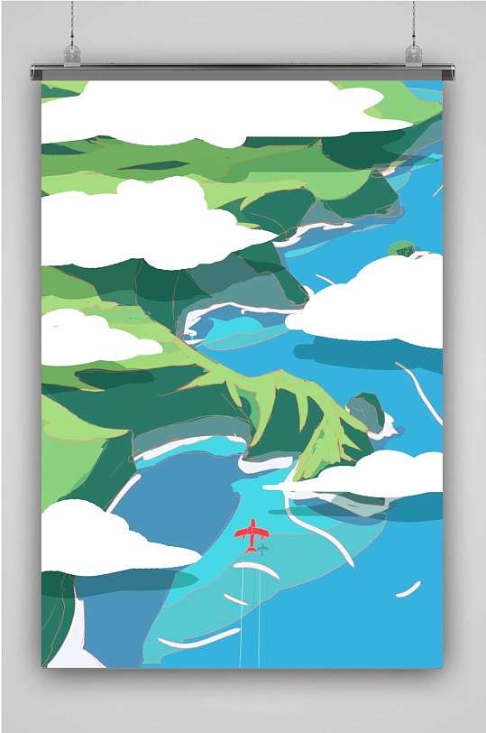 创意卡通蓝色山海插画海报-众图网