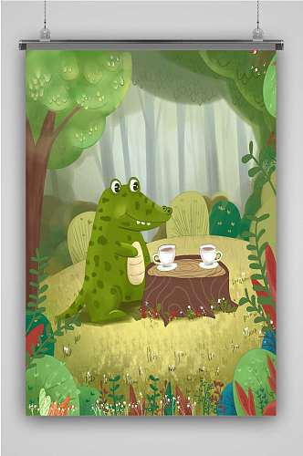 森林小鳄鱼儿童插画