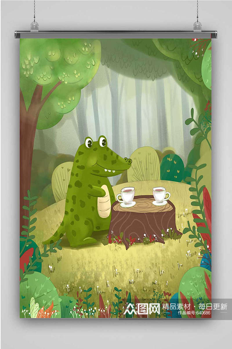 森林小鳄鱼儿童插画素材