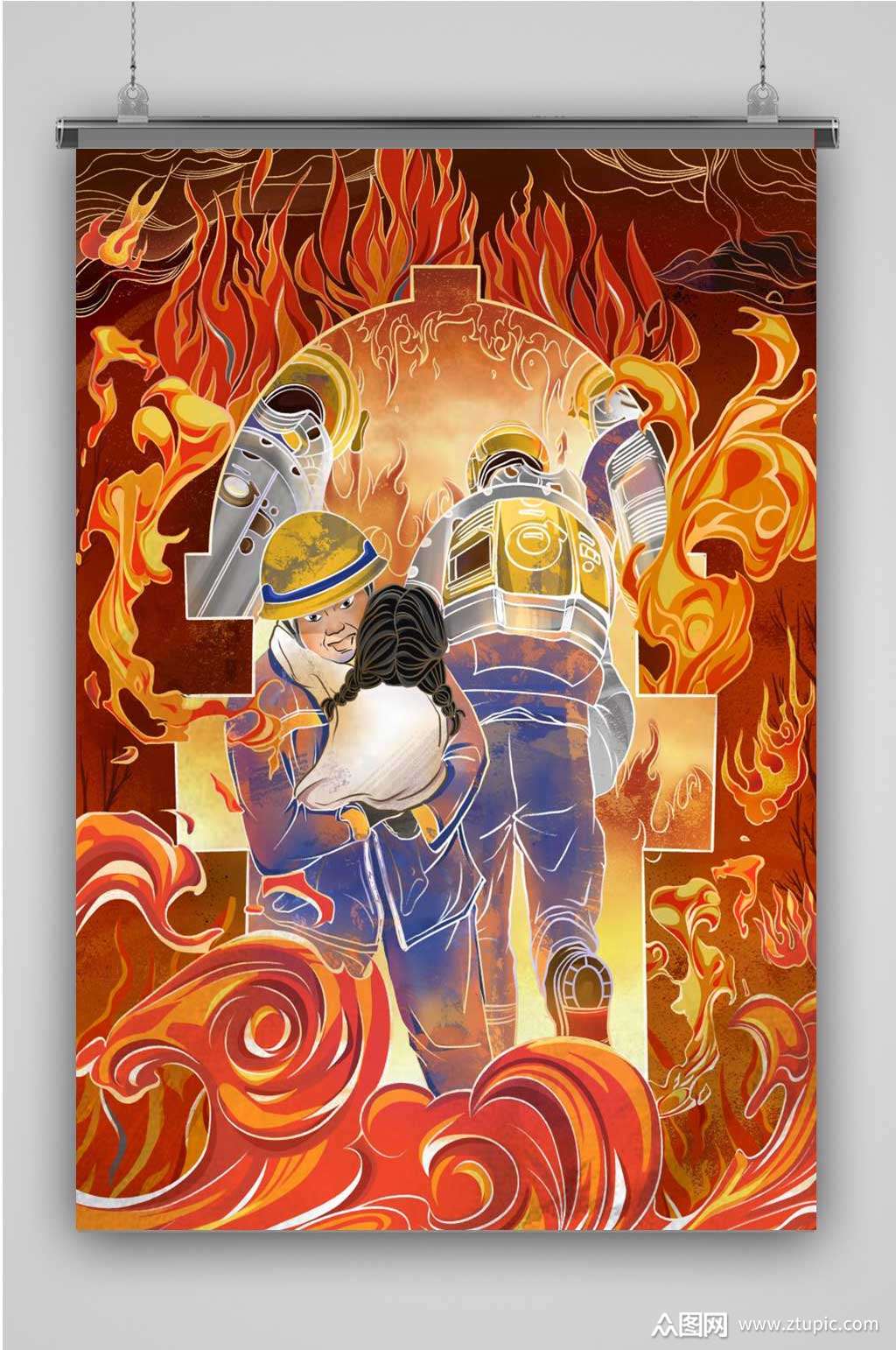 创意卡通防火救灾插画海报