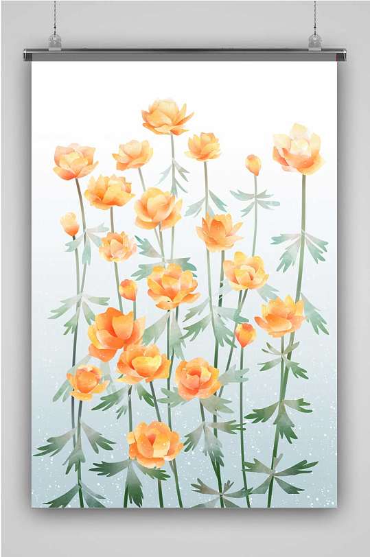 原创水彩金莲花插画作品