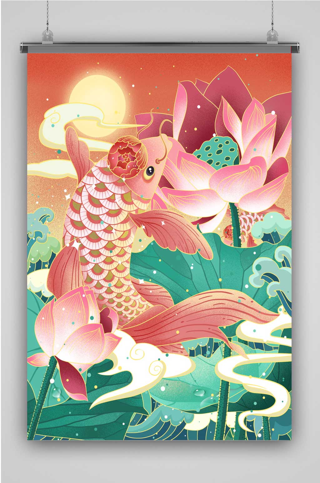 鎏金国潮风好运锦鲤创意卡通插画素材