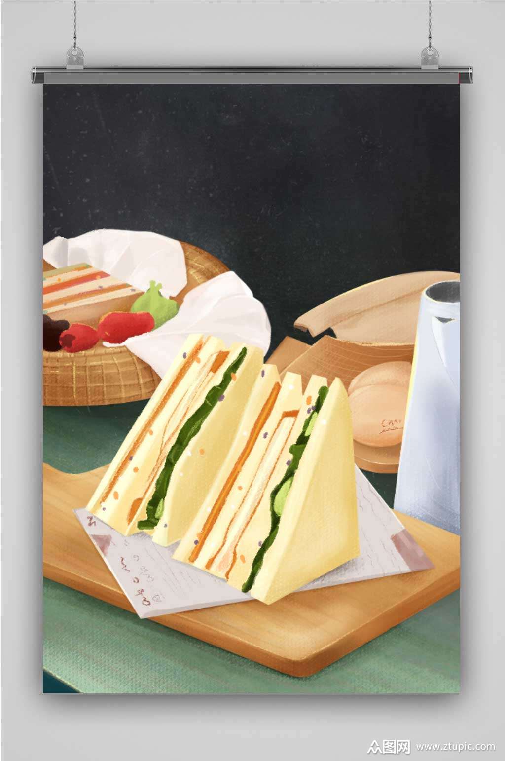 三明治素材创意卡通插画宣传海报素材