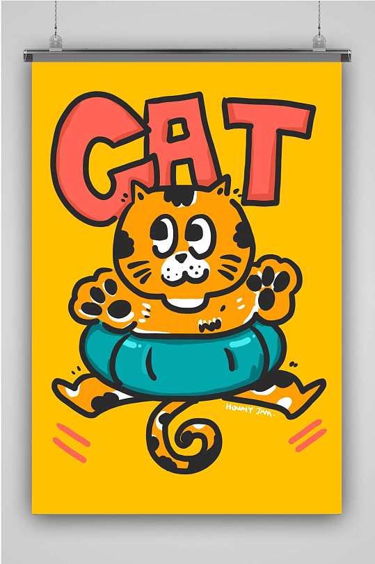 创意卡通泳圈猫插画海报
