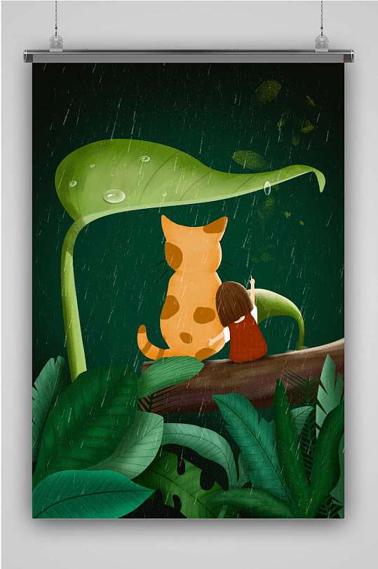 深林下雨的猫和女孩