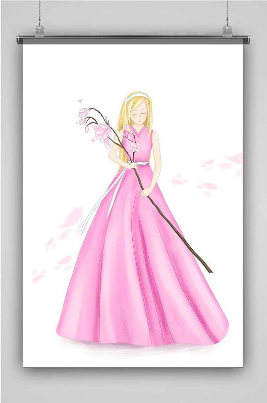 手绘手拿鲜花粉红裙子女孩