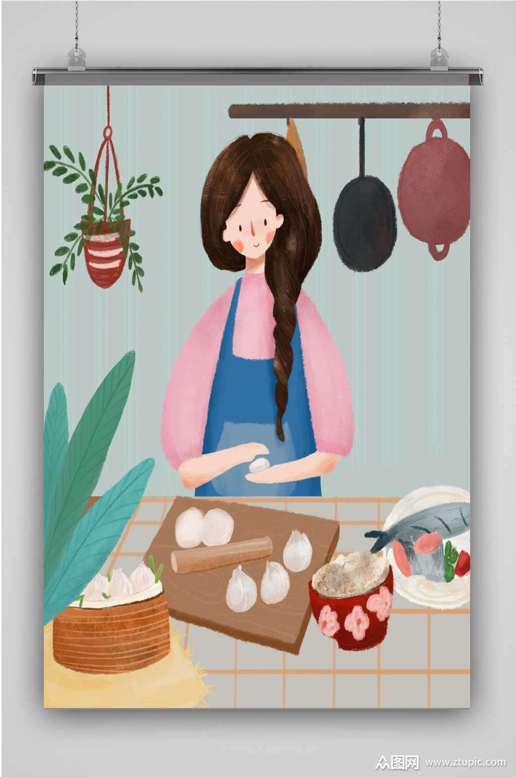 手绘做饭女孩厨房插画素材