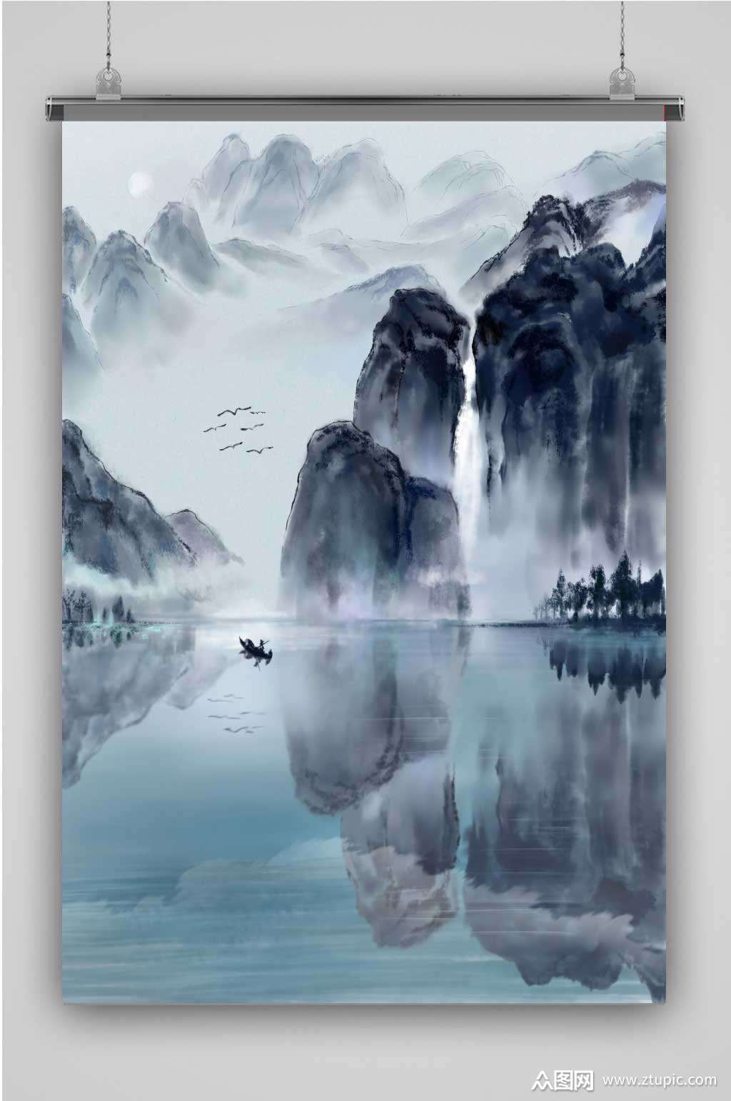 水墨山水创意卡通插画宣传海报