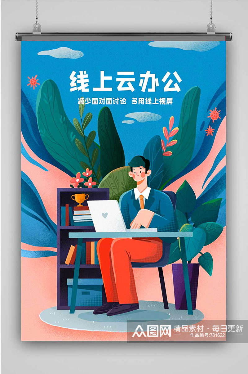 线上办公创意卡通人物插画海报素材