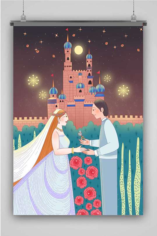 原创手绘工笔描边华丽唯美童话城堡婚礼插画