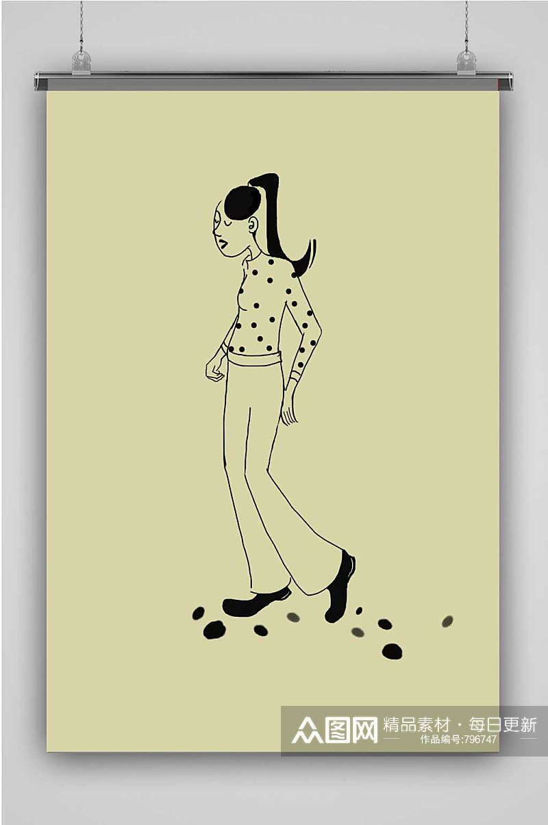 大脚裤女孩创意卡通手绘抽象插画海报素材