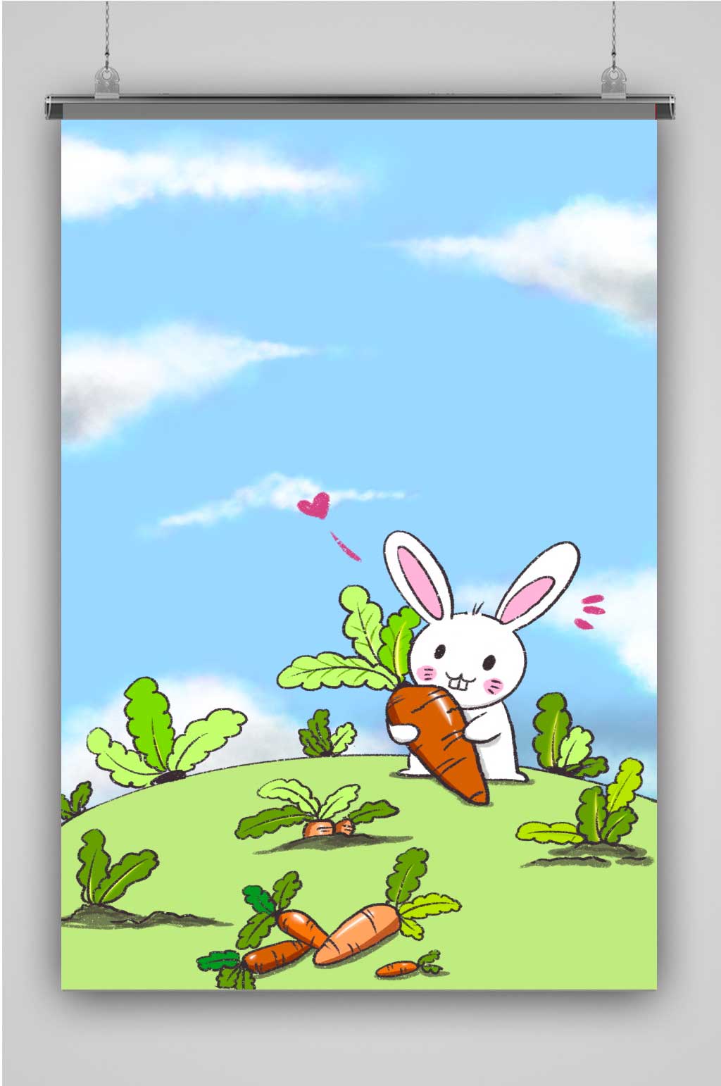 小白兔拔萝卜创意卡通手绘抽象插画海报