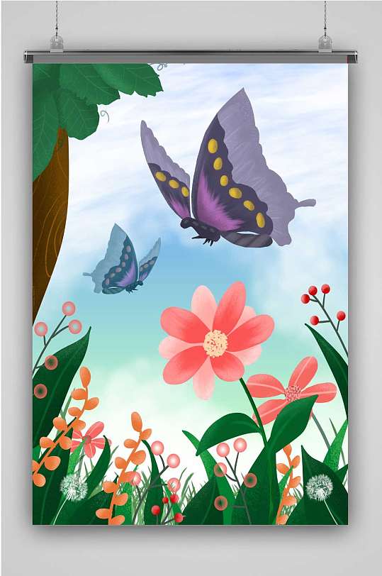 手绘蝴蝶创意卡通手绘抽象插画海报