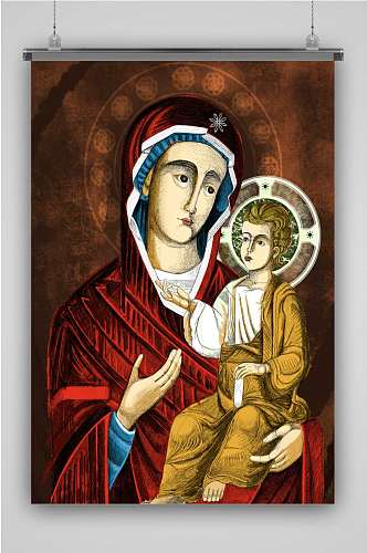圣母子像创意卡通手绘抽象插画海报