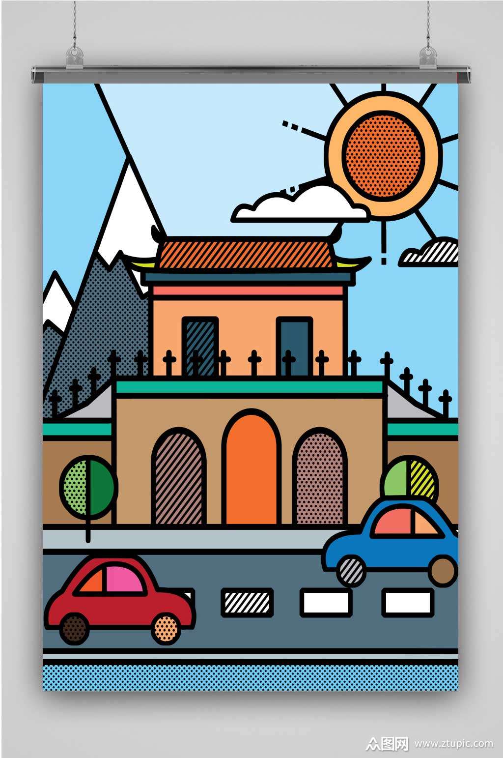 粗线几何建筑创意卡通手绘抽象插画海报模板下载-编号847202-众图网