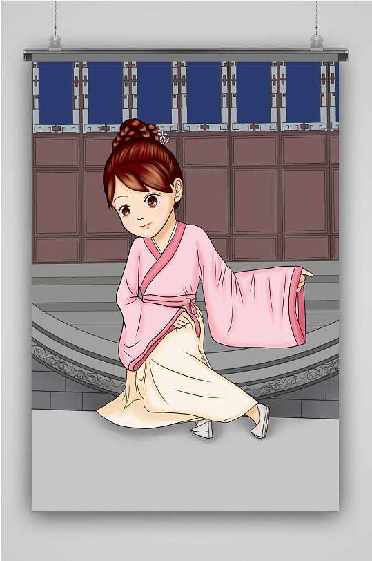 古代q版美女创意卡通插画宣传海报