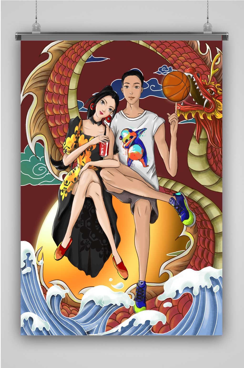 龙戏篮球创意卡通插画宣传海报素材