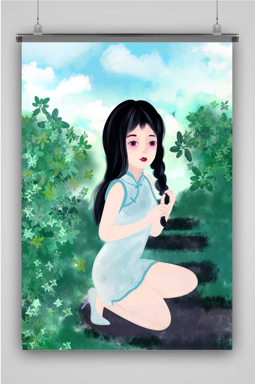 旗袍美女创意卡通插画宣传海报素材