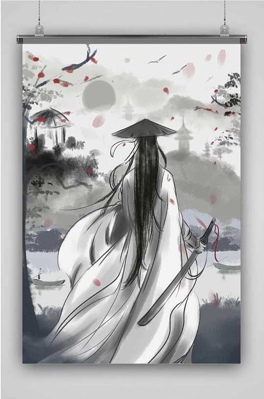 水墨古风侠客插画创意卡通插画宣传海报