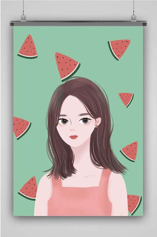 西瓜女孩创意卡通插画宣传海报