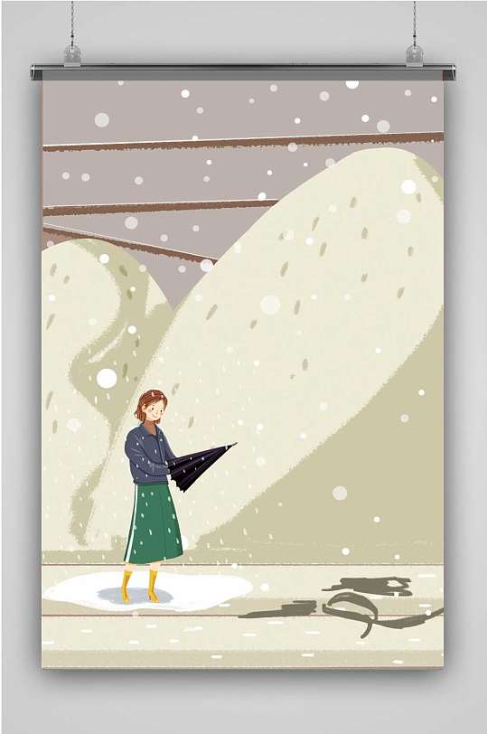 雪中时尚女孩创意卡通插画宣传海报