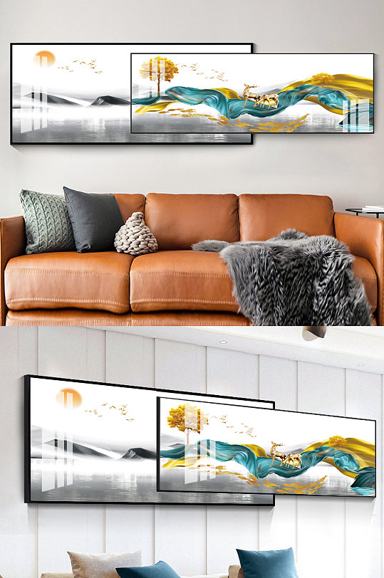 轻奢绸带麋鹿组合床头画-众图网