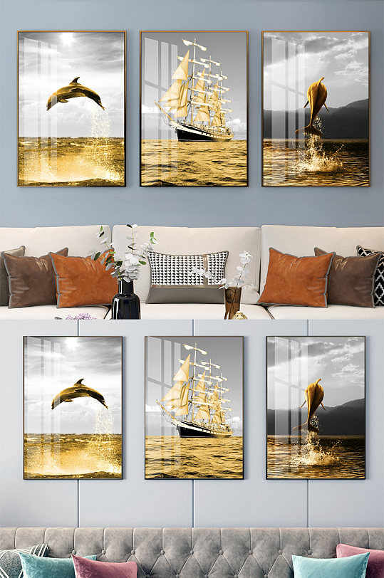 北欧帆船海豚客厅装饰画