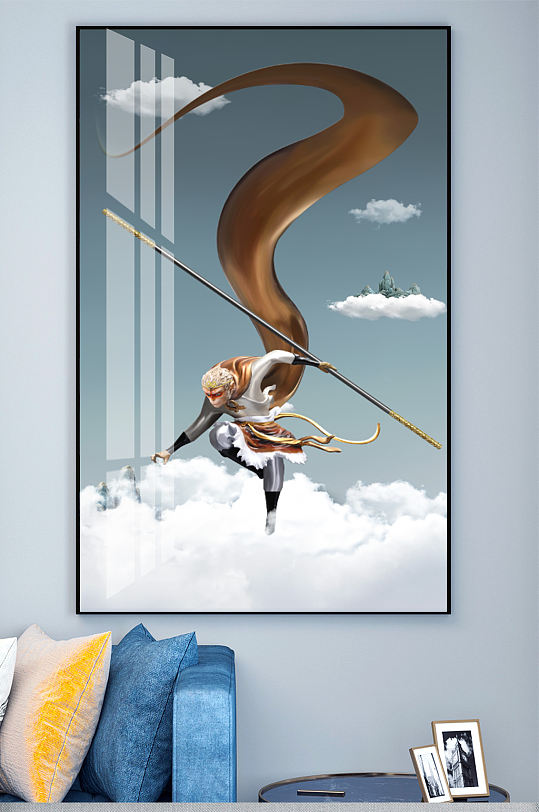 孙悟空齐天大圣斗战圣佛画立即下载荷花花国风水墨背景民俗风复古花纹