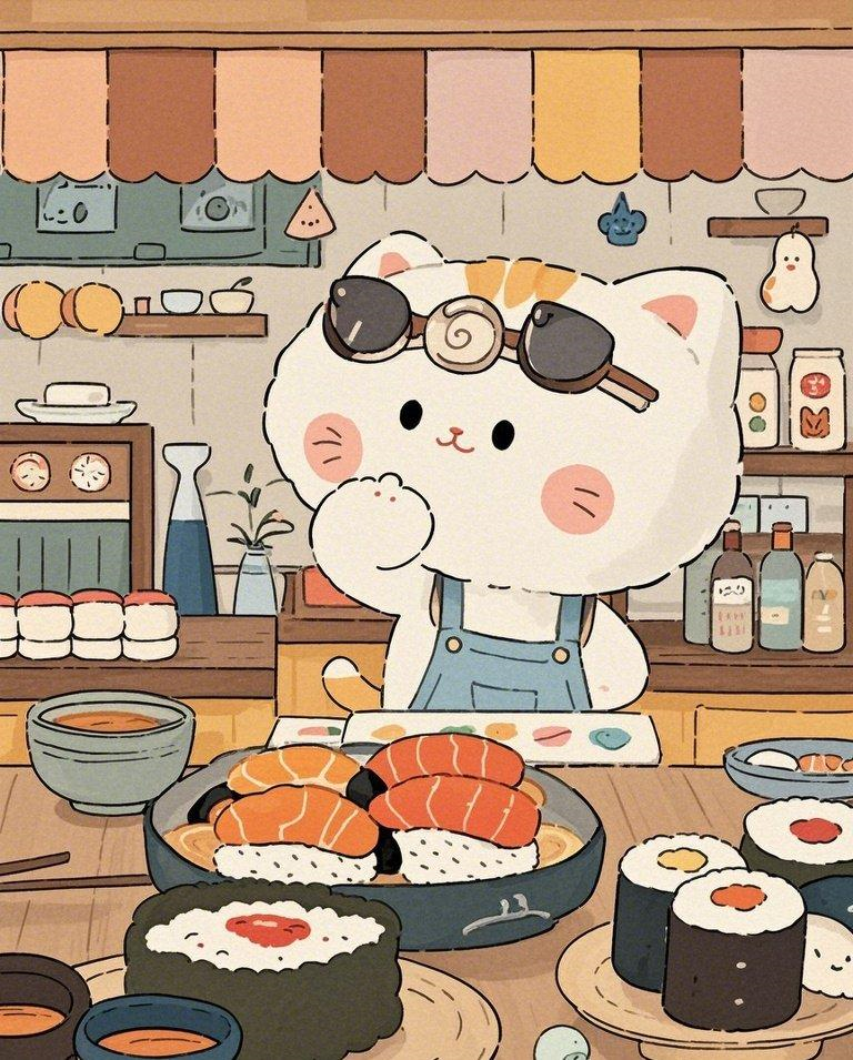 软萌猫咪可爱寿司店素材