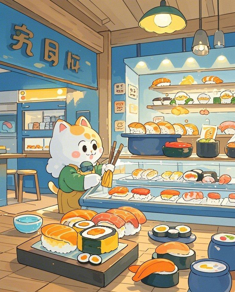 软萌猫咪可爱寿司店素材