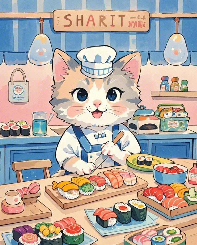 软萌猫咪可爱寿司店素材