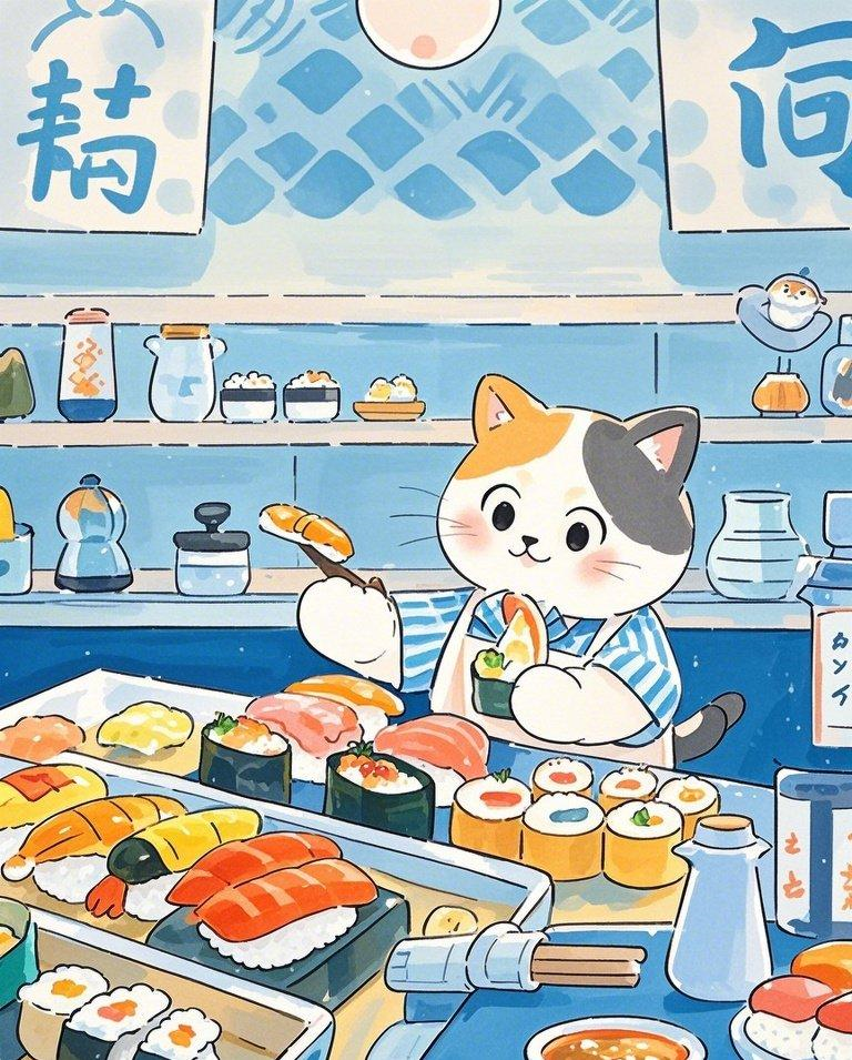 软萌猫咪可爱寿司店素材