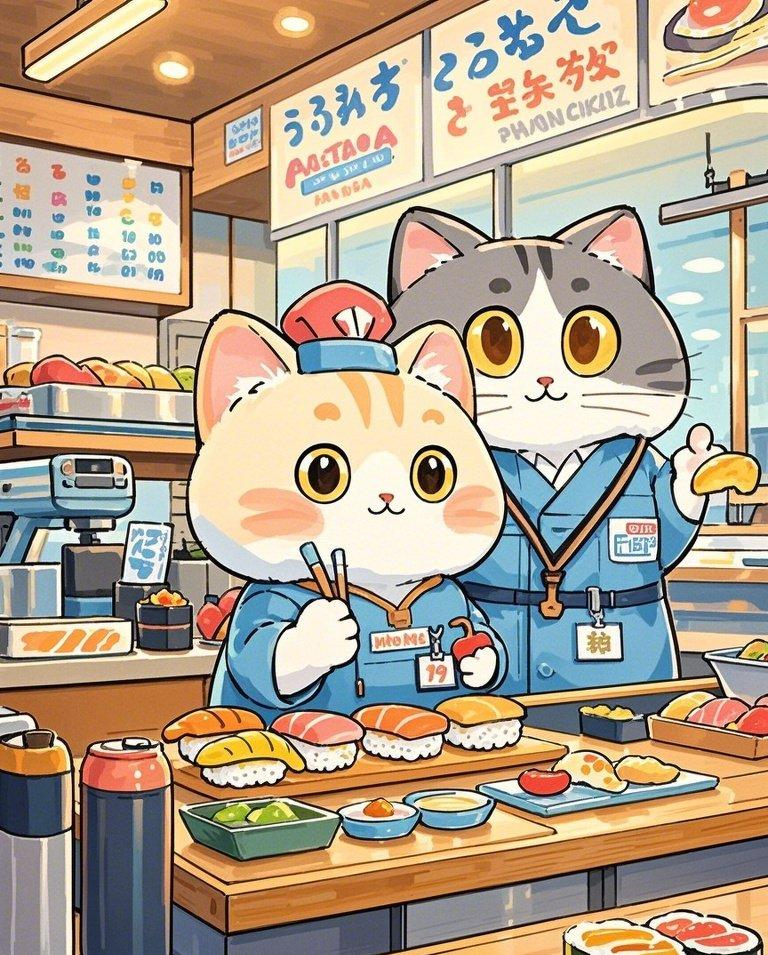 软萌猫咪可爱寿司店素材