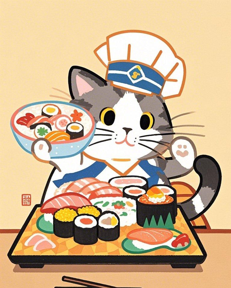 软萌猫咪可爱寿司店素材