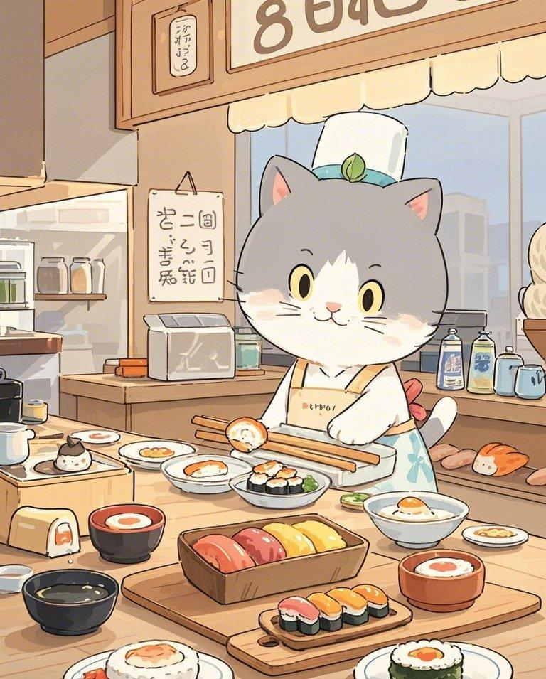 软萌猫咪可爱寿司店素材