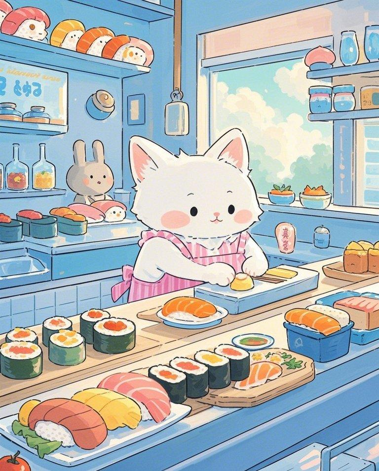 软萌猫咪可爱寿司店素材
