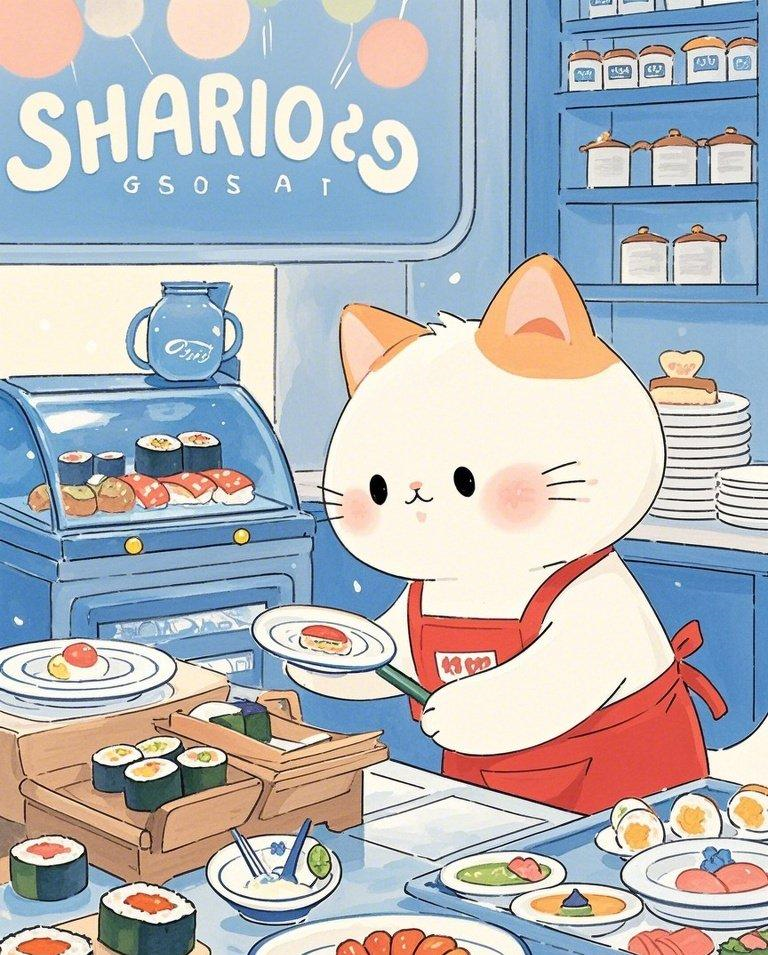 软萌猫咪可爱寿司店素材